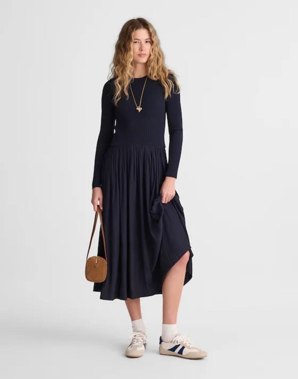 Madewell Ribbed Scoopneck Midi Dress A Line Classic Navy Blue Minimalist L NWT